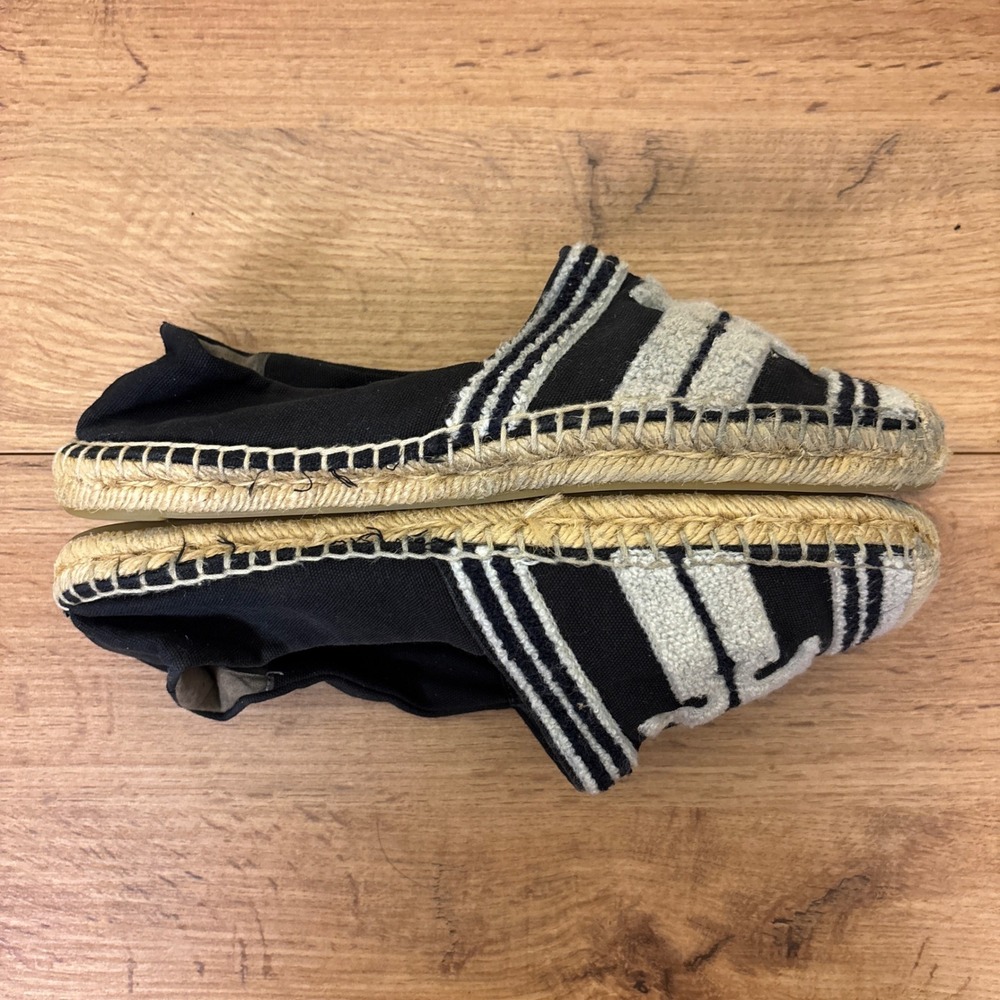 TORY BURCH Womens Double T Espadrille Flats Size 8.5 Black‎ White Stripe Casual - Picture 9 of 11